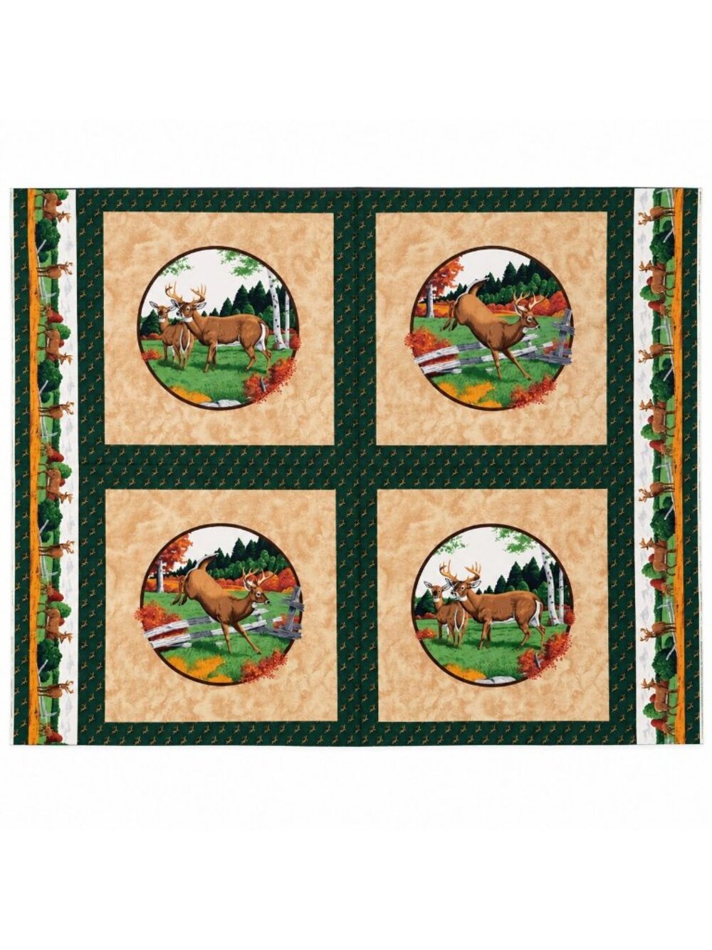 Vintage Cranston VIP Whitetail Deer Fabric Panel 44x36, 4 Wildlife Quilt Blocks,